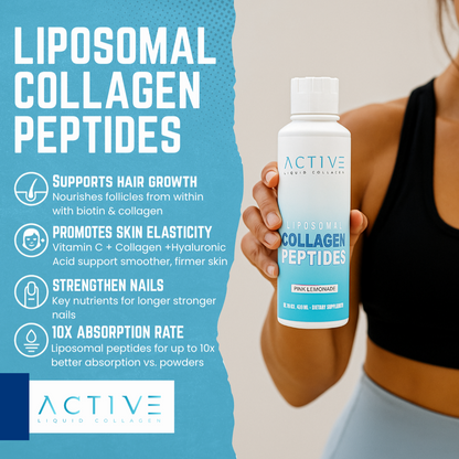 Bottle of Active Liquid collagen peptides. Active Liquid Collagen Benefits. Benefits of Liquid Collagen